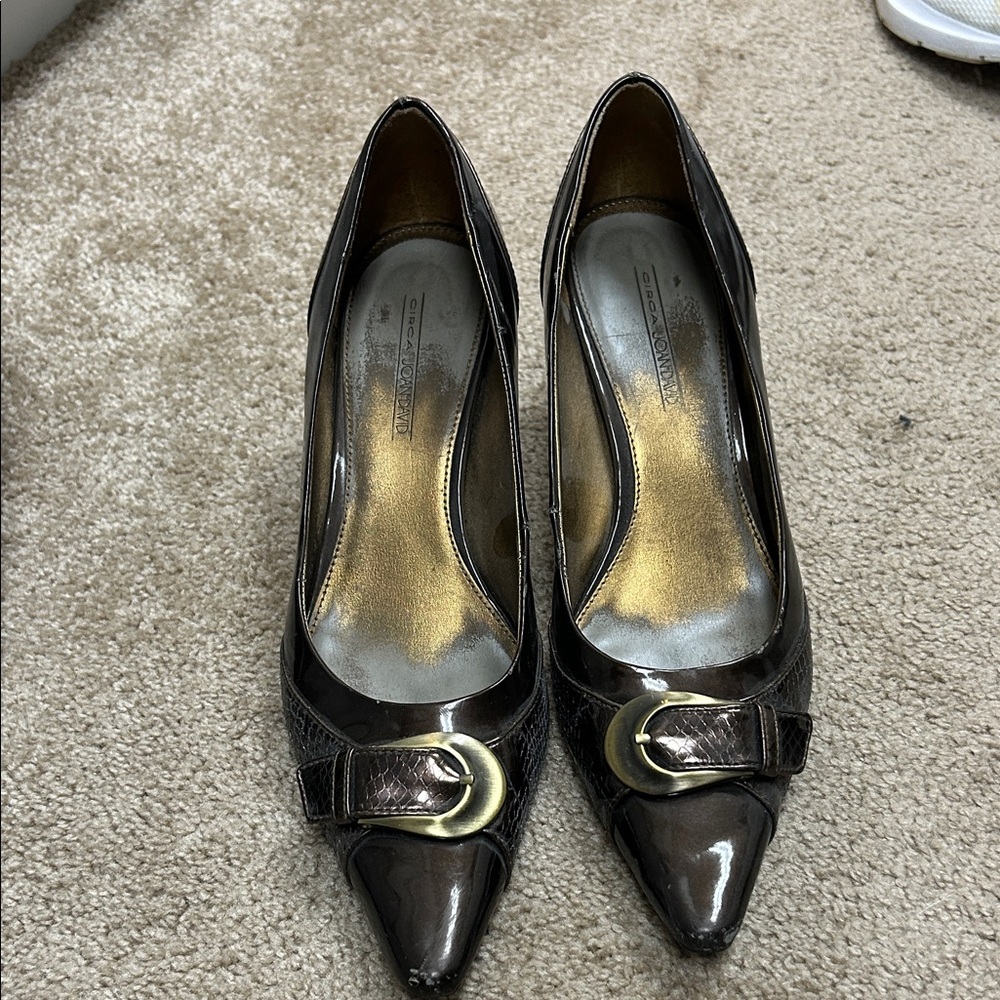 Joan & David Dark Brown Heels with Gold Buckle